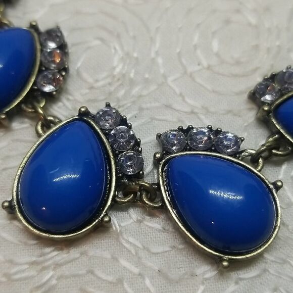 J.Crew Blue Necklace Oval Drop Rhinestone Link Station Statement Antique Gold - Picture 5 of 9